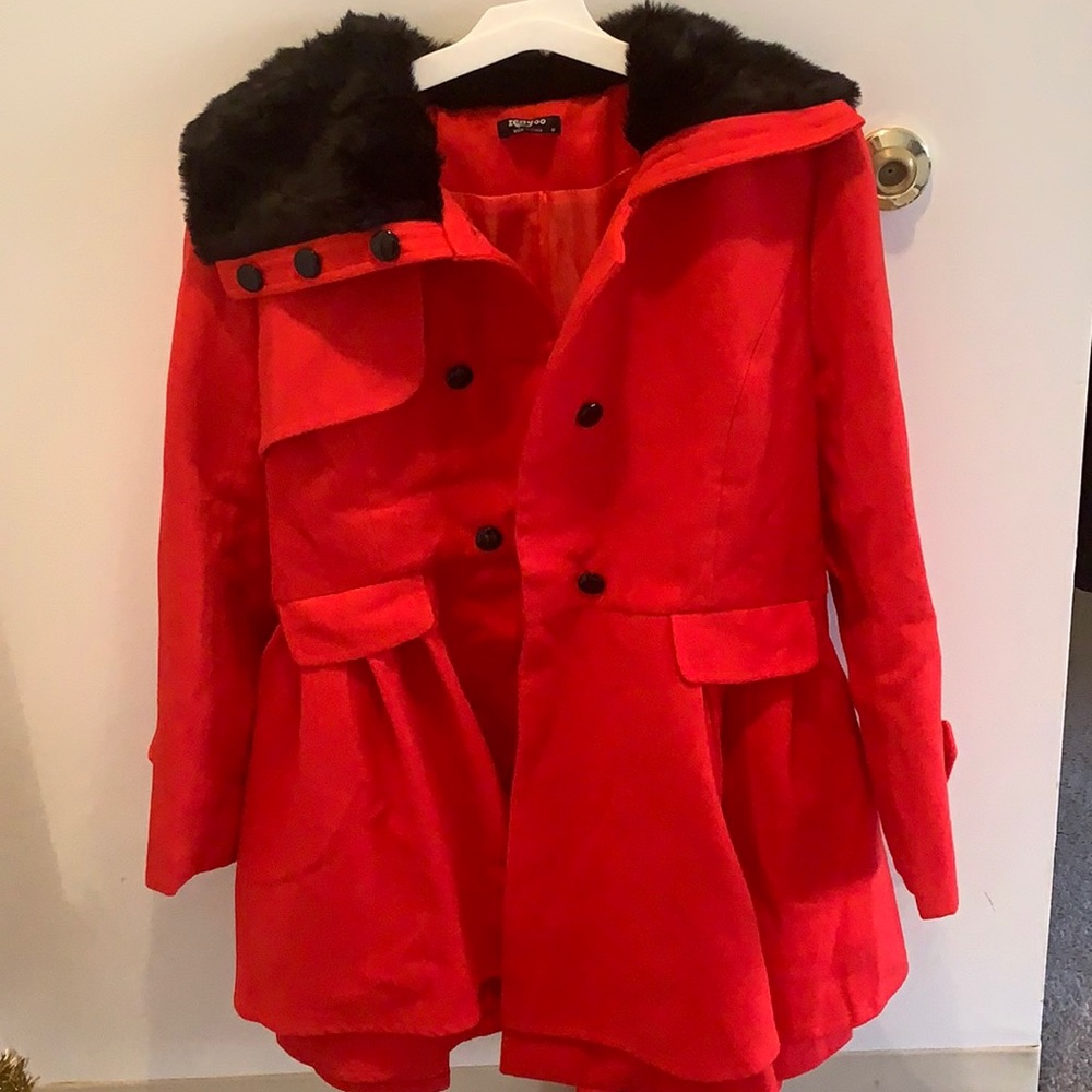 Red and Black Doubled-Breasted Pea Coat